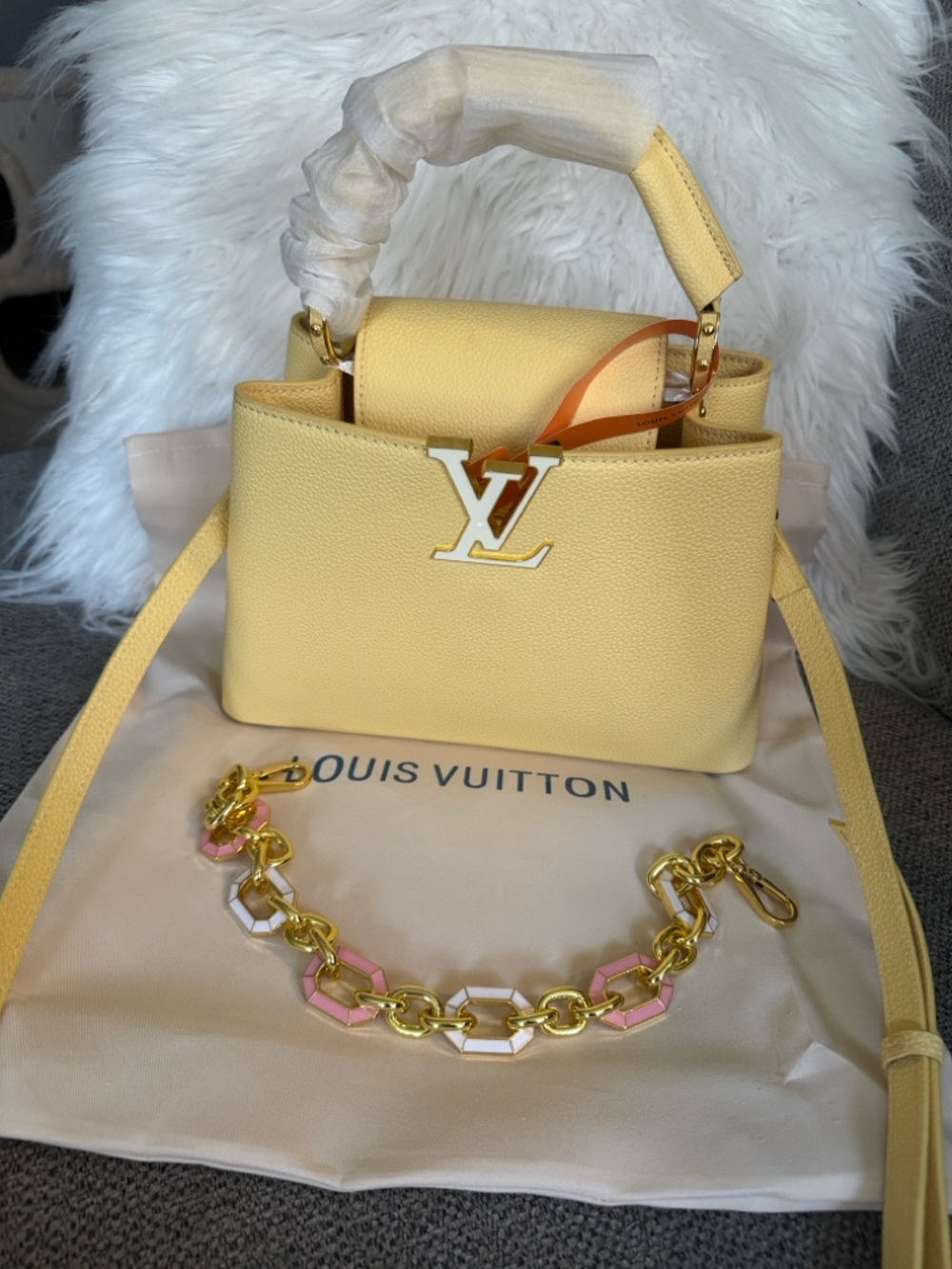 Bag yellow top Handle Satchel with Pink Chain Accents - Picture 10 of 14